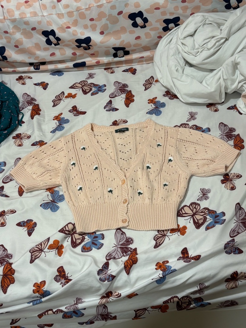 wild fable Peach Cropped Knit Cardigan with Tiny Floral Embroidery